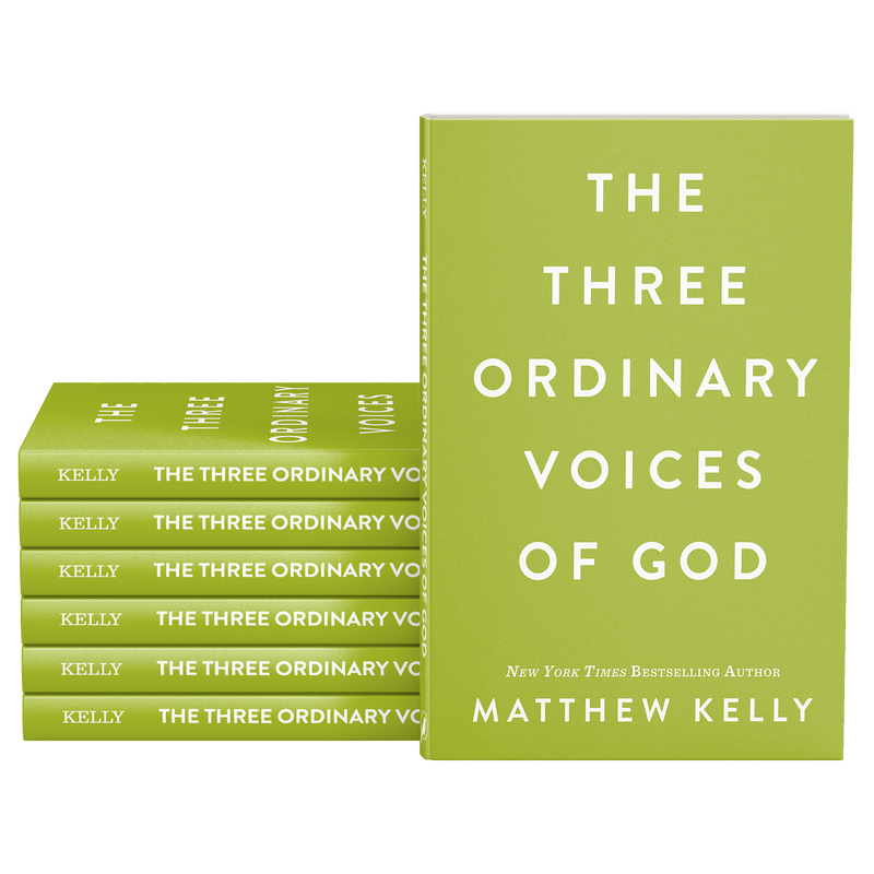 Stacked copies of a book titled The Three Ordinary Voices of God by Matthew Kelly, featuring a plain green cover with white text. image number 0