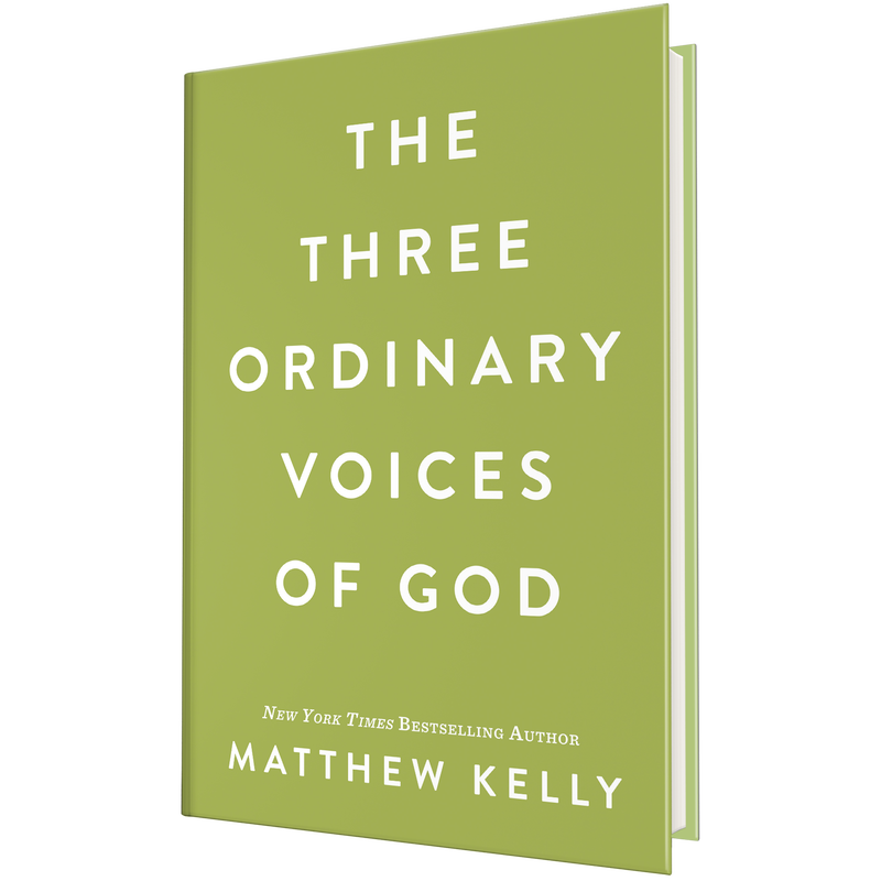 Book cover titled The Three Ordinary Voices of God by Matthew Kelly, featuring white text on a green background. image number 0
