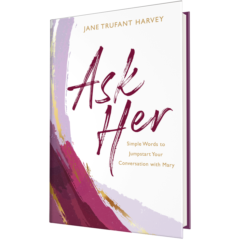 Book cover titled Ask Her by Jane Trufant Harvey, featuring abstract brush strokes in shades of purple, pink, and gold. image number 0