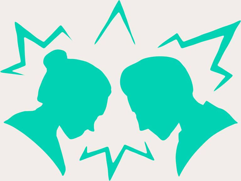 An emerald green icon shows the outline of a male and female head slanted down towards each other with spiky explosions surrounding them