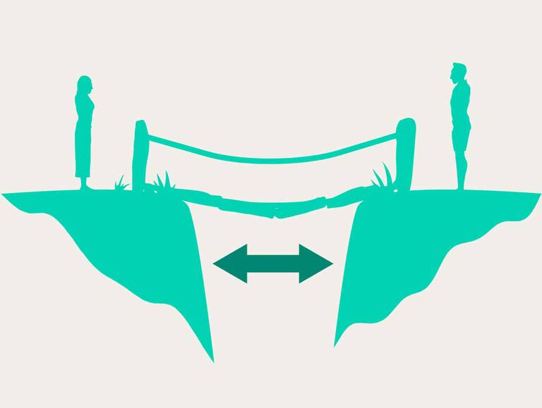 An emerald green icon shows two human figures standing across each other with a bridge in between them and a darker green double sided arrow sits below the bridge