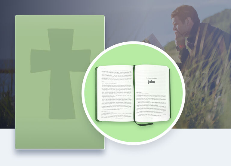 A man sits in a field holding a copy of a book. A close up shows that it is a copy of the leatherette Bible. 